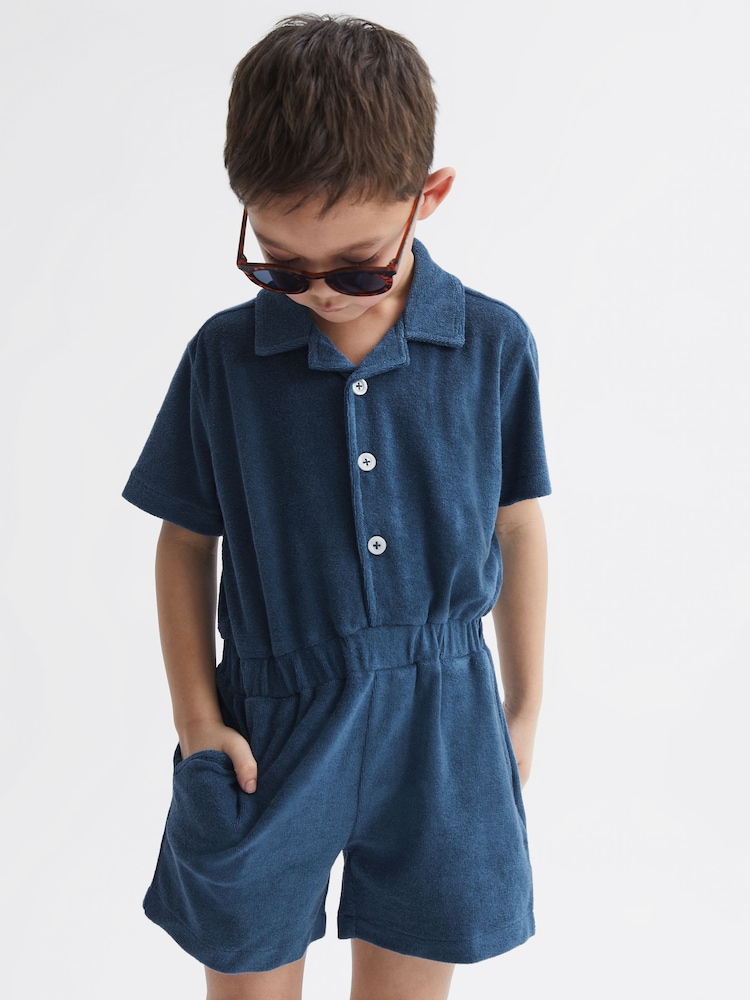 Reiss Cobalt Blue Hooplar Relaxed Fit Towelling Jumpsuit - Image 1 of 8