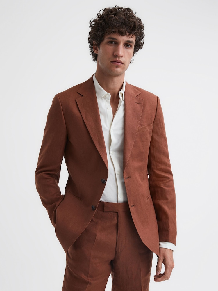Reiss Tobacco Kin Slim Fit Single Breasted Linen Blazer - Image 1 of 7