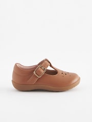 Tan Brown Leather Wide Fit (G) First Walker T-Bar Shoes - Image 2 of 5