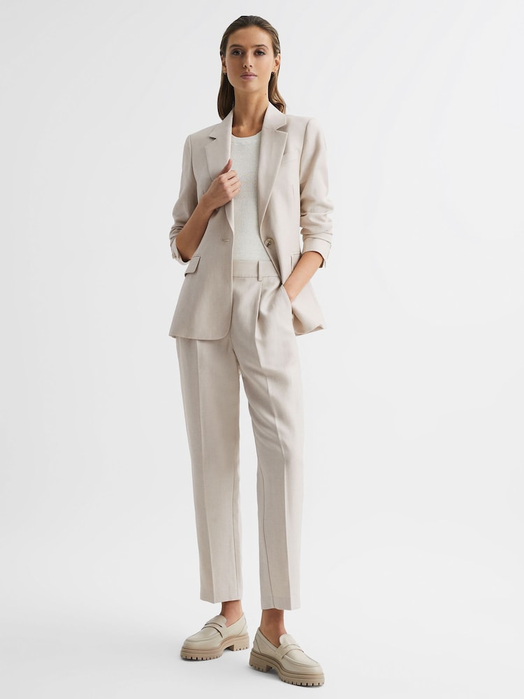 Reiss Oatmeal Shae Taper Tapered Linen Trousers - Image 1 of 6
