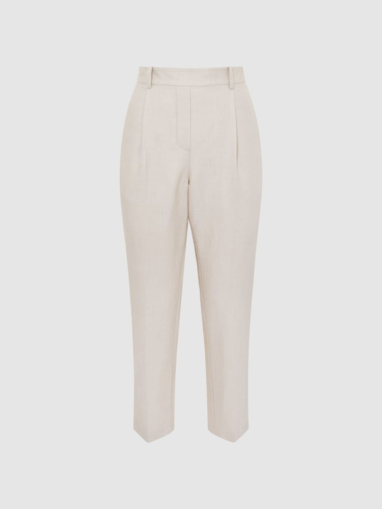 Reiss Oatmeal Shae Taper Tapered Linen Trousers - Image 2 of 6