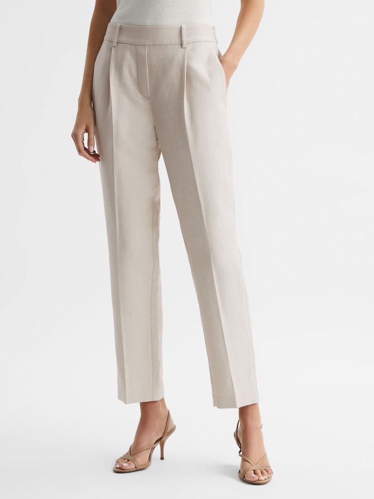 Reiss Oatmeal Shae Taper Tapered Linen Trousers - Image 6 of 6