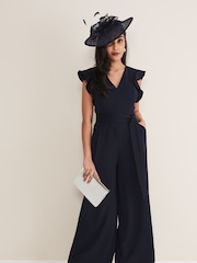 Phase Eight Ink Blue Petite Petite Kallie V-Neck Frill Jumpsuit - Image 1 of 6