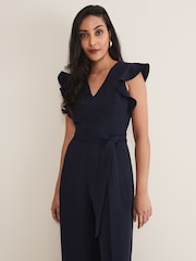 Phase Eight Ink Blue Petite Petite Kallie V-Neck Frill Jumpsuit - Image 3 of 6