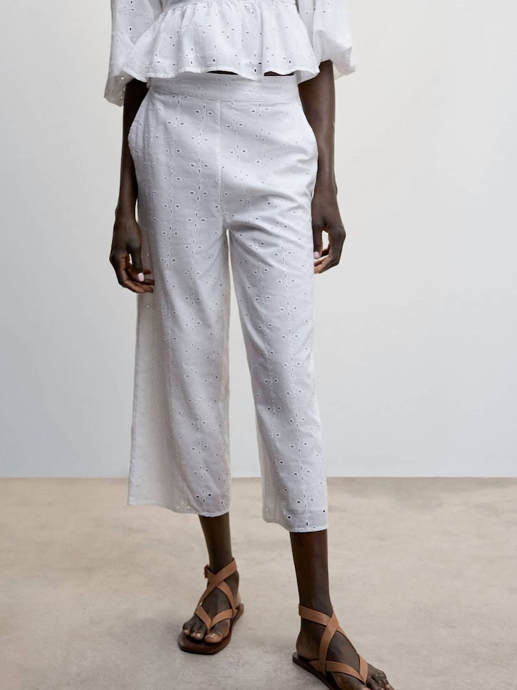 Mango White Embroidered Cotton Trousers - Image 1 of 6 Mango White Embroidered Cotton Trousers - Image 1 of 6