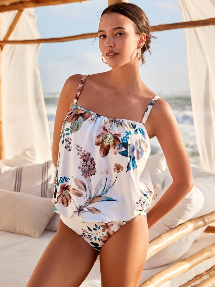 White Floral Blouson Swimsuit - Image 1 of 5