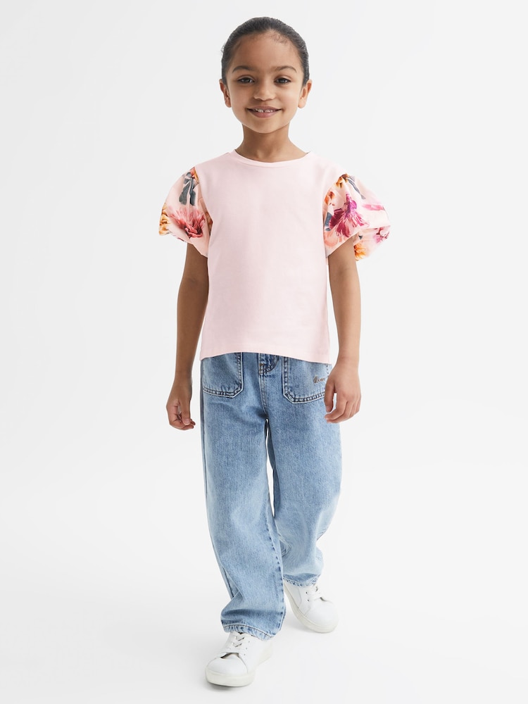 Reiss Ivory Amira 9-12 yrs Floral Print Puff Sleeve 100% Cotton T-Shirt - Image 1 of 6