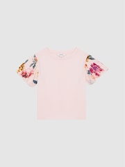 Reiss Ivory Amira 9-12 yrs Floral Print Puff Sleeve 100% Cotton T-Shirt - Image 2 of 6
