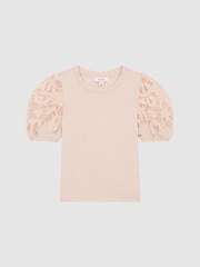 Reiss Pink Alberta Junior Floral Lace Puff Sleeve T-Shirt - Image 2 of 6