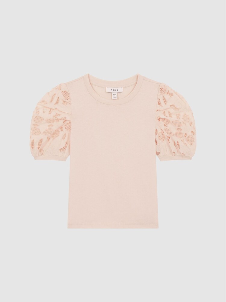 Reiss Pink Alberta Junior Floral Lace Puff Sleeve T-Shirt - Image 2 of 6