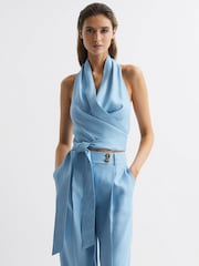 Top scurt din amestec de in cu guler Cu spatele gol Reiss Hollie - Imaginea 1 din 6