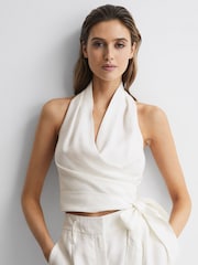 Reiss White Hollie Halter Neck Linen Blend Crop Top - Image 1 of 6