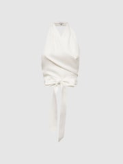 Reiss White Hollie Halter Neck Linen Blend Crop Top - Image 2 of 6