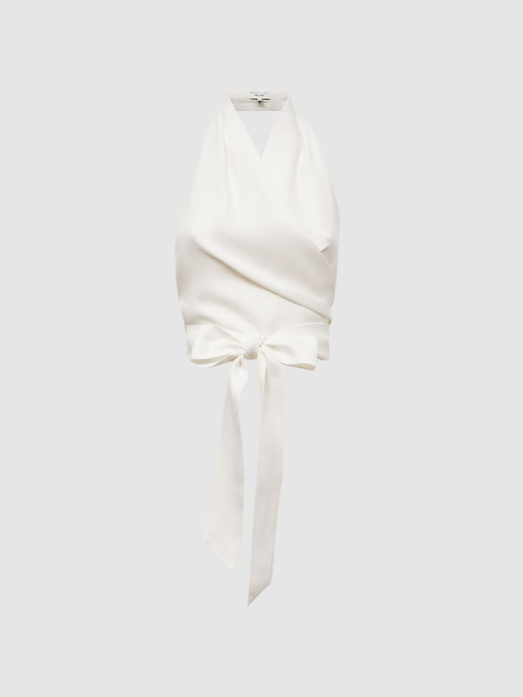 Reiss White Hollie Halter Neck Linen Blend Crop Top - Image 2 of 6