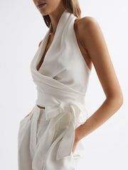 Reiss White Hollie Halter Neck Linen Blend Crop Top - Image 4 of 6