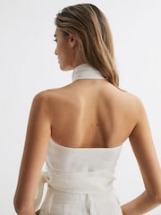 Reiss White Hollie Halter Neck Linen Blend Crop Top - Image 5 of 6