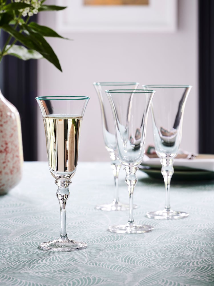 Nina Campbell Set of 4 Green Rim Meadow Champagne Flute Glasses - Image 1 of 5
