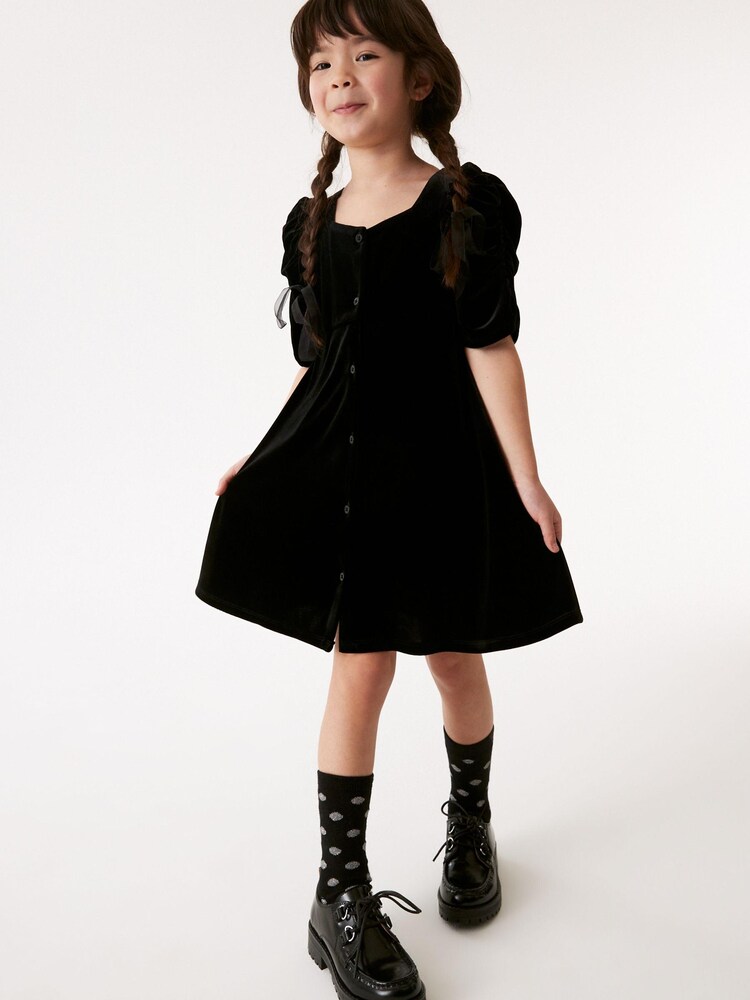 Black Velvet Shirred Sleeve Dress (3-16yrs) - Image 1 of 8 Black Velvet Shirred Sleeve Dress (3-16yrs) - Image 1 of 8