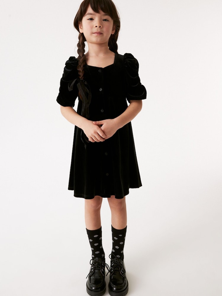 Black Velvet Shirred Sleeve Dress (3-16yrs) - Image 2 of 8 Black Velvet Shirred Sleeve Dress (3-16yrs) - Image 2 of 8