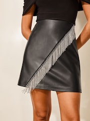 Lipsy Black Diamante Tassel Faux Leather Mini Skirt - Image 1 of 4