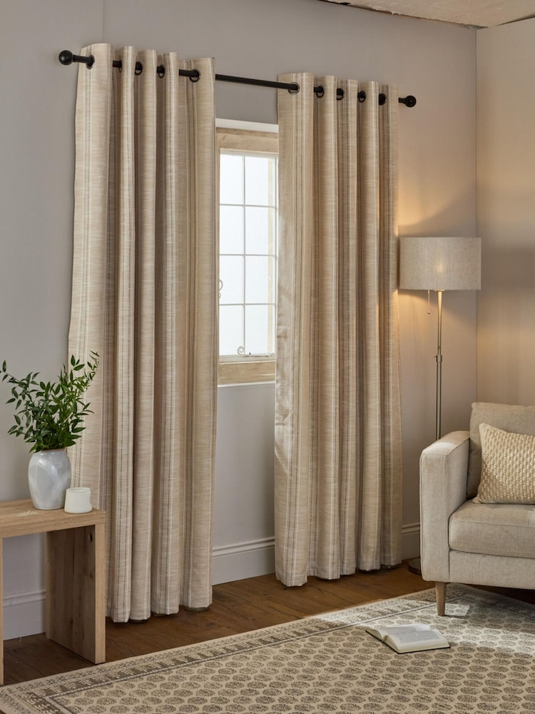 Natural Thatched Linen Look Stripe Lined Eyelet Curtains - Image 2 of 5 Natural Thatched Linen Look Stripe Lined Eyelet Curtains - Image 2 of 5