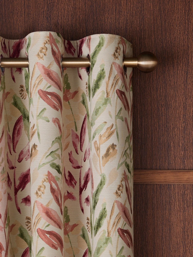 Natural/Pink/Green Floral Jacquard Eyelet Lined Curtains - Image 1 of 4