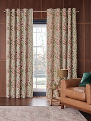 Natural/Pink/Green Floral Jacquard Eyelet Lined Curtains - Image 2 of 4