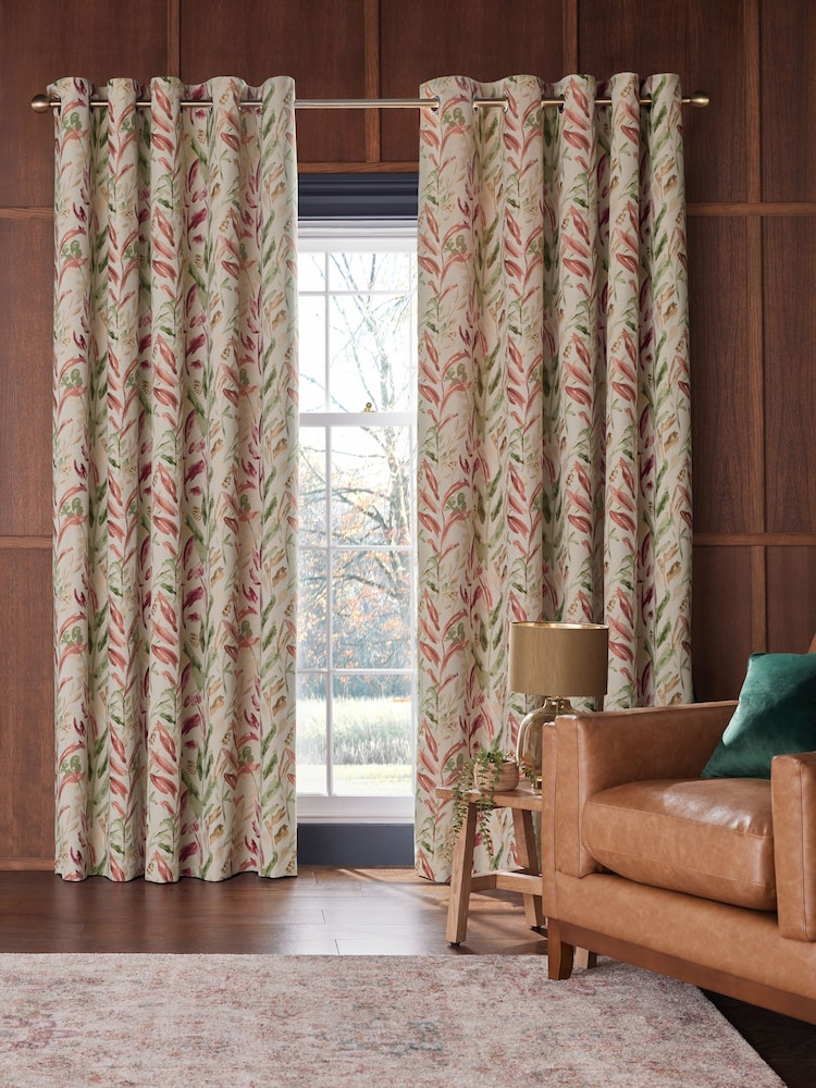 Natural/Pink/Green Floral Jacquard Eyelet Lined Curtains - Image 2 of 4