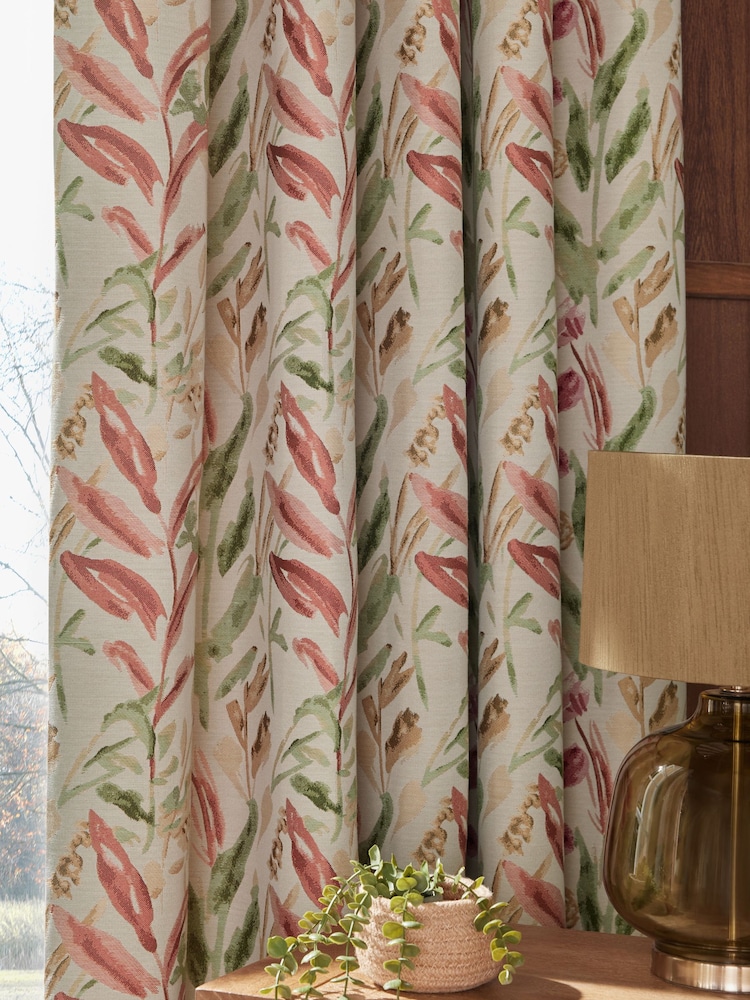 Natural/Pink/Green Floral Jacquard Eyelet Lined Curtains - Image 4 of 4