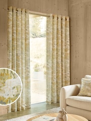 Yellow Blurred Floral Print Linen Blend Eyelet Lined Curtains - Image 2 of 5