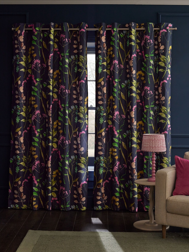 Navy Blue/Pink Isla Floral Print Blackout/Thermal 100% Cotton Eyelet Curtains - Image 3 of 7