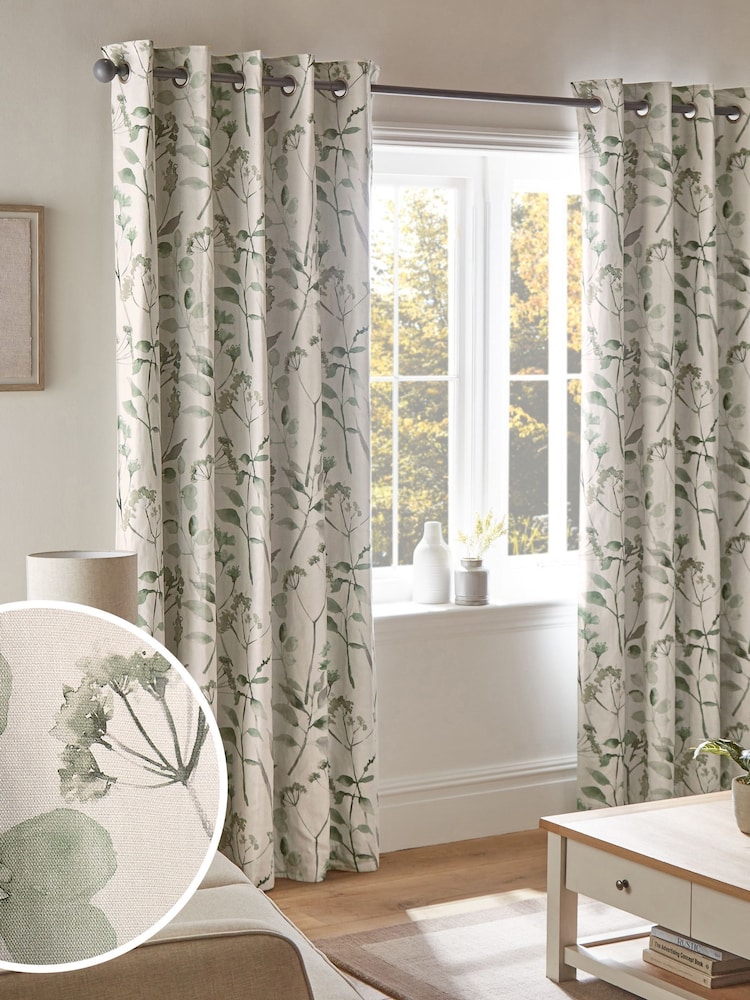 Green Isla Floral Print Super Thermal 100% Cotton Eyelet Curtains - Image 2 of 8