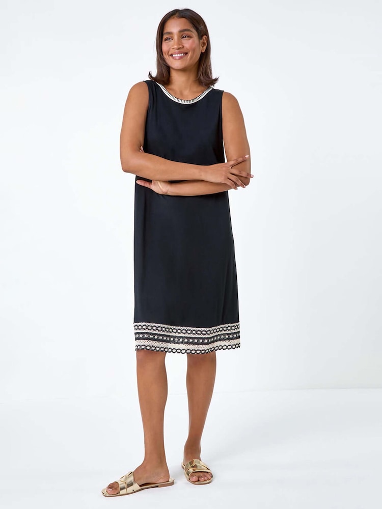 Roman Black Embroidered Trim Stretch Jersey Shift Dress - Image 5 of 5