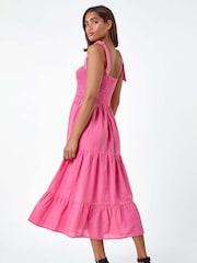 Roman Pink 100% Cotton Shirred Tie Detail Tiered Midi Dress - Image 1 of 5