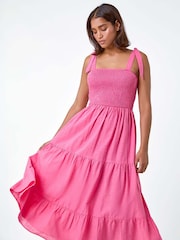 Roman Pink 100% Cotton Shirred Tie Detail Tiered Midi Dress - Image 2 of 5