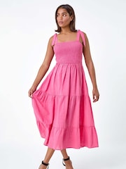 Roman Pink 100% Cotton Shirred Tie Detail Tiered Midi Dress - Image 3 of 5