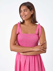 Roman Pink 100% Cotton Shirred Tie Detail Tiered Midi Dress - Image 4 of 5