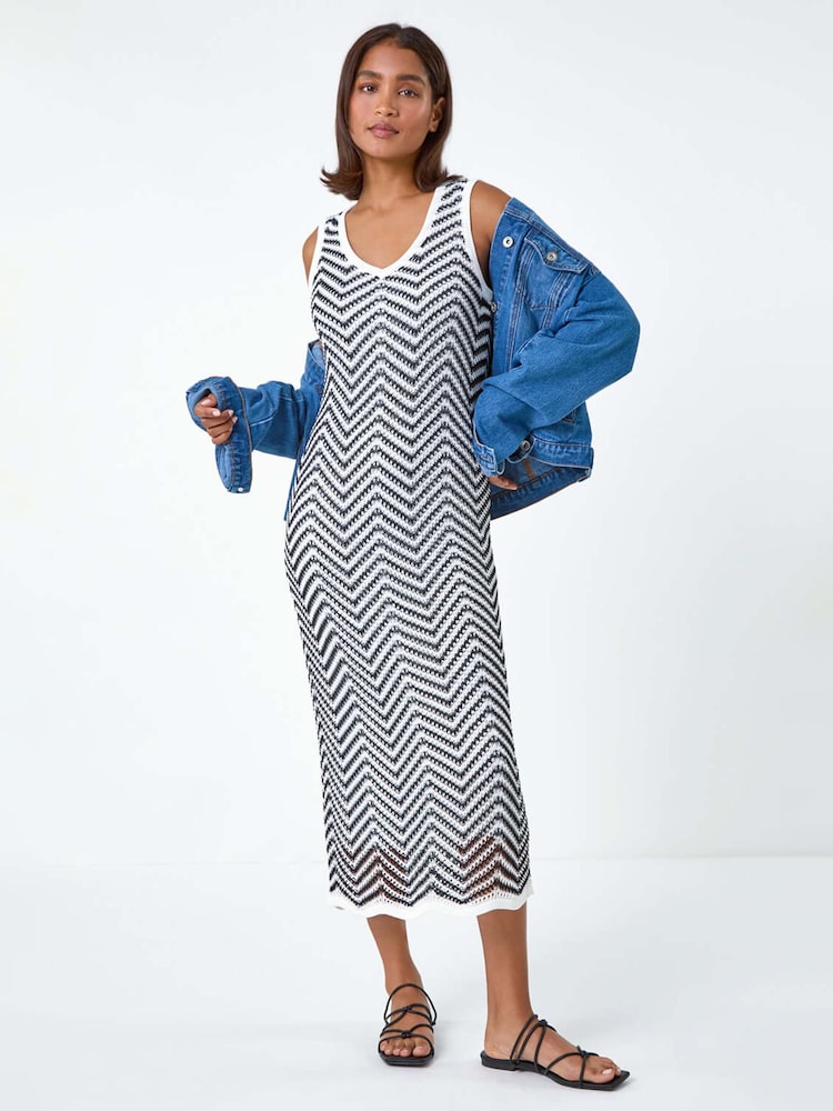Roman Black Zig Zag Crochet Knit Midi Dress - Image 1 of 5