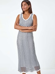 Roman Black Zig Zag Crochet Knit Midi Dress - Image 2 of 5