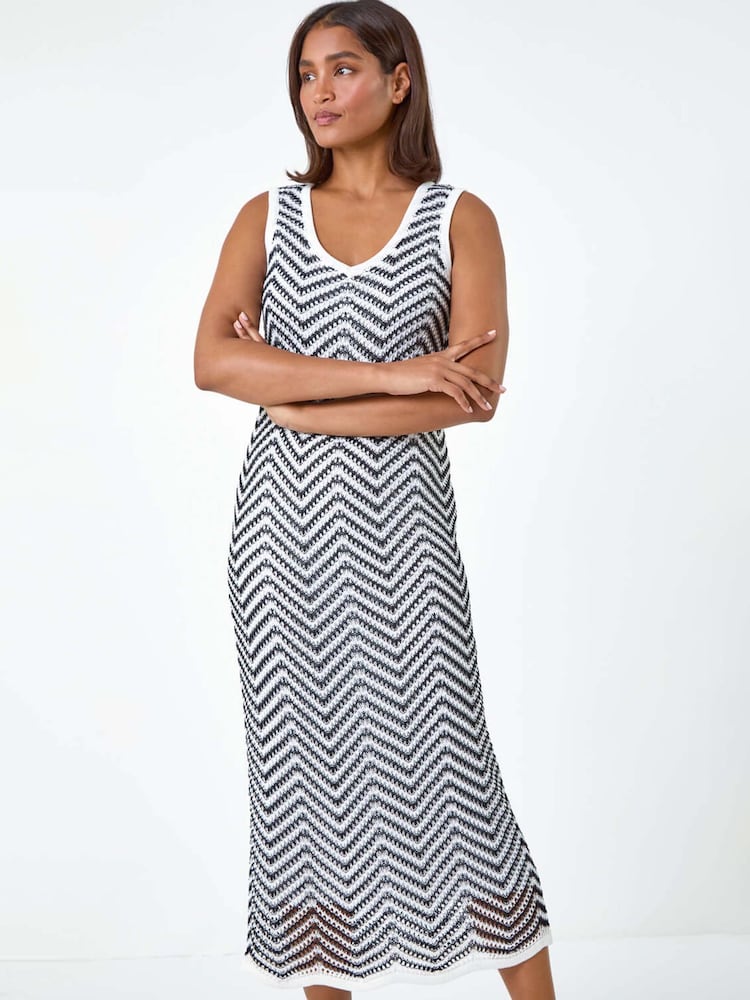 Roman Black Zig Zag Crochet Knit Midi Dress - Image 2 of 5
