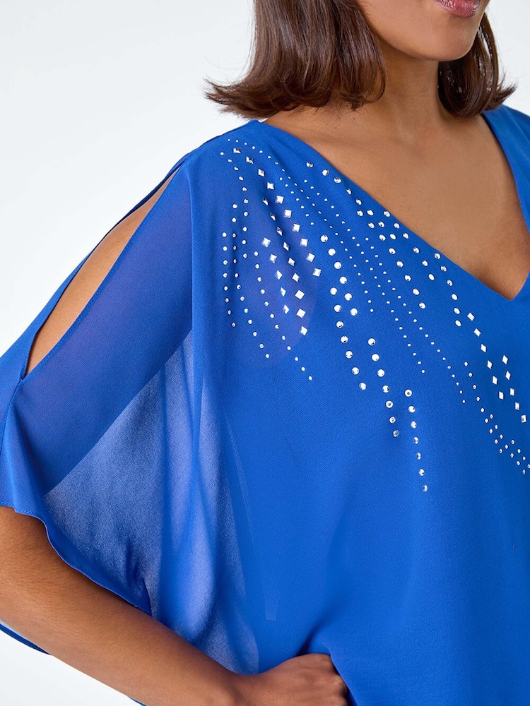 Roman Blue Embellished Cold Shoulder Overlay Dress - Image 5 of 5 Roman Blue Embellished Cold Shoulder Overlay Dress - Image 5 of 5