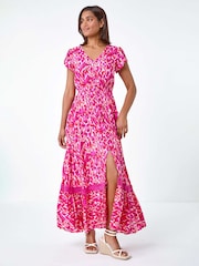 Roman Pink Abstract Print Shirred Waist Maxi Dress - Image 1 of 6