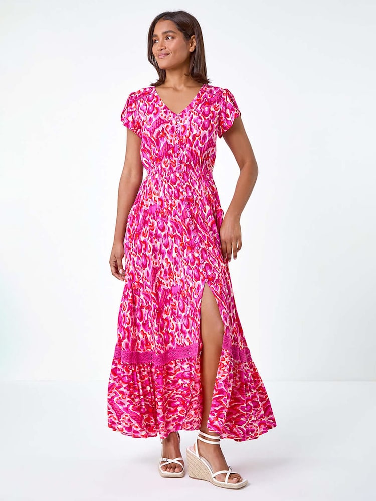 Roman Pink Abstract Print Shirred Waist Maxi Dress - Image 1 of 6