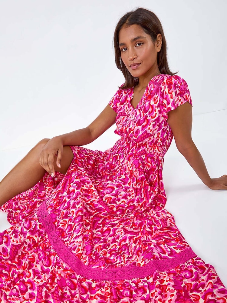 Roman Pink Abstract Print Shirred Waist Maxi Dress - Image 2 of 6
