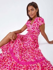 Roman Pink Abstract Print Shirred Waist Maxi Dress - Image 3 of 6