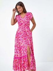 Roman Pink Abstract Print Shirred Waist Maxi Dress - Image 5 of 6