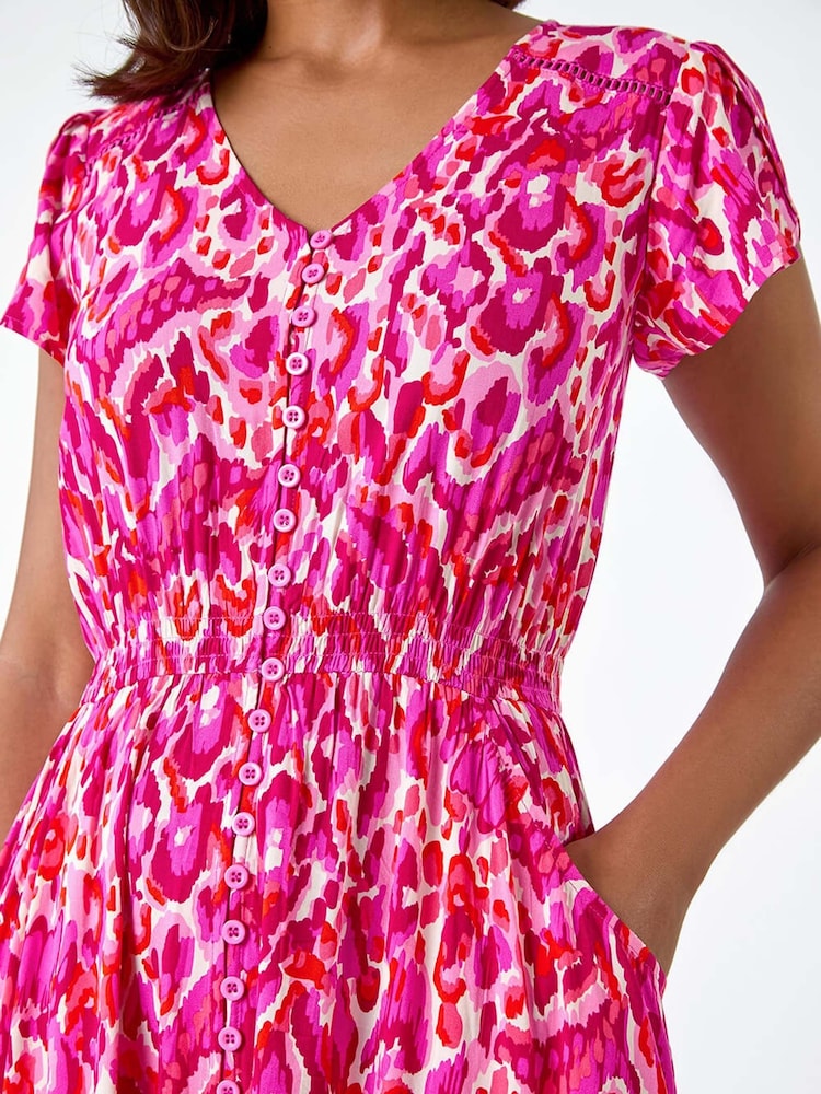 Roman Pink Abstract Print Shirred Waist Maxi Dress - Image 6 of 6