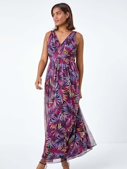 Roman Purple Palm Print Mesh Overlay Maxi Dress - Image 1 of 5