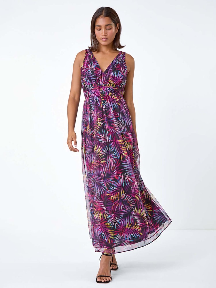 Roman Purple Palm Print Mesh Overlay Maxi Dress - Image 2 of 5