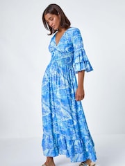 Roman Blue Abstract Ruffle Detail Shirred Maxi Dress - Image 1 of 5